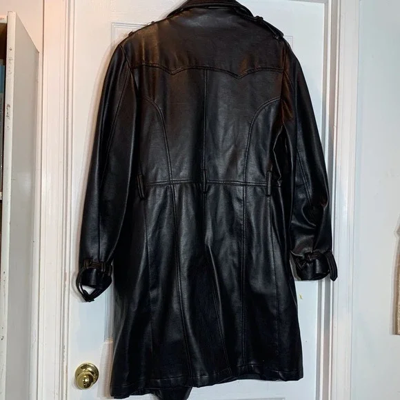 EUC Kings Image Faux Leather‎ Fleece Lined Double Breasted Trenchcoat Size 42